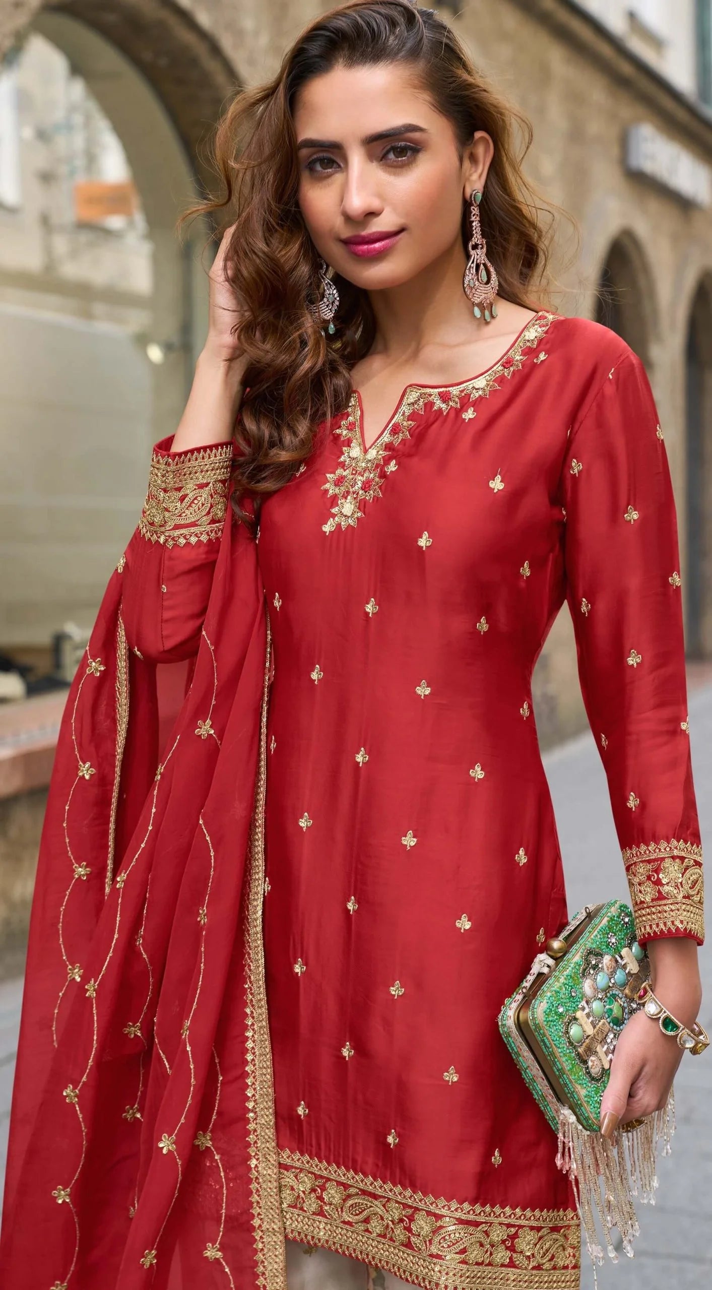 Falita Fancy Worked Exclusive Designer Real Chinon Palazzo Suit